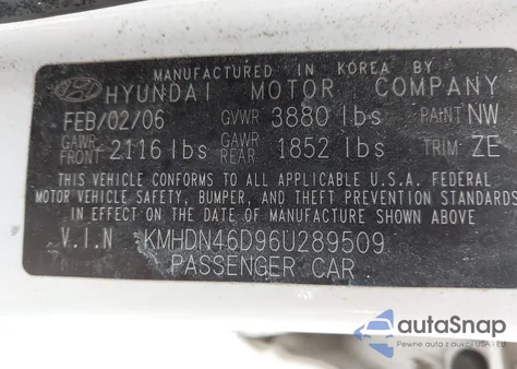 2006 Hyundai Elantra Gls/Limited from USA, damaged, VIN KMHDN46D96U289509